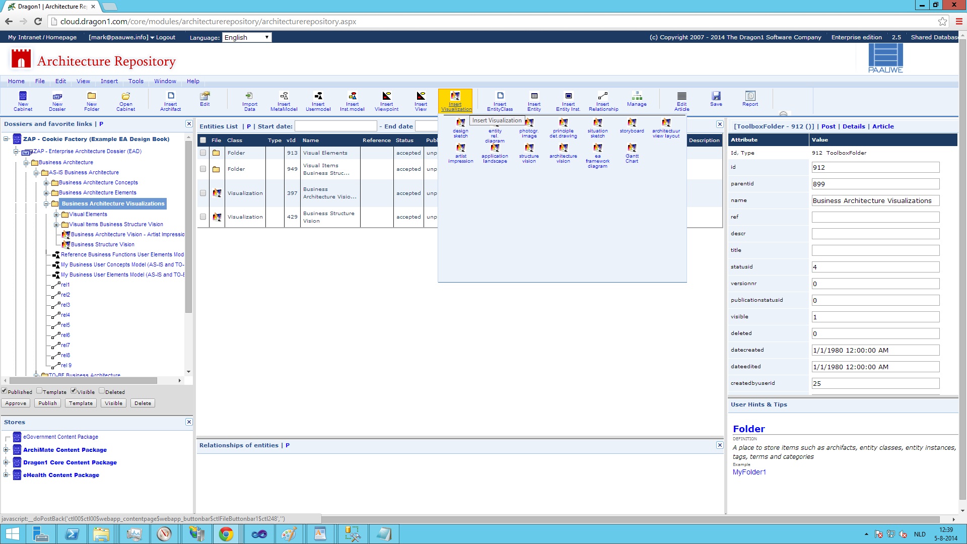 Architecture Repository web application with the 'Insert Visualization'- menu selected dragon1 insert visualization menu selected